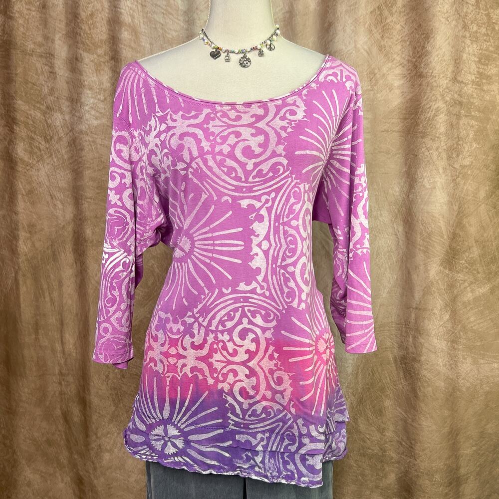 Vintage Y2K Boho Top Floral Geometric Shirt Multicolor Ombre Oversized Hippie